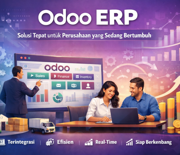 Odoo ERP sebagai solusi sistem terintegrasi untuk perusahaan yang sedang bertumbuh, menampilkan modul sales, finance, dan inventory.