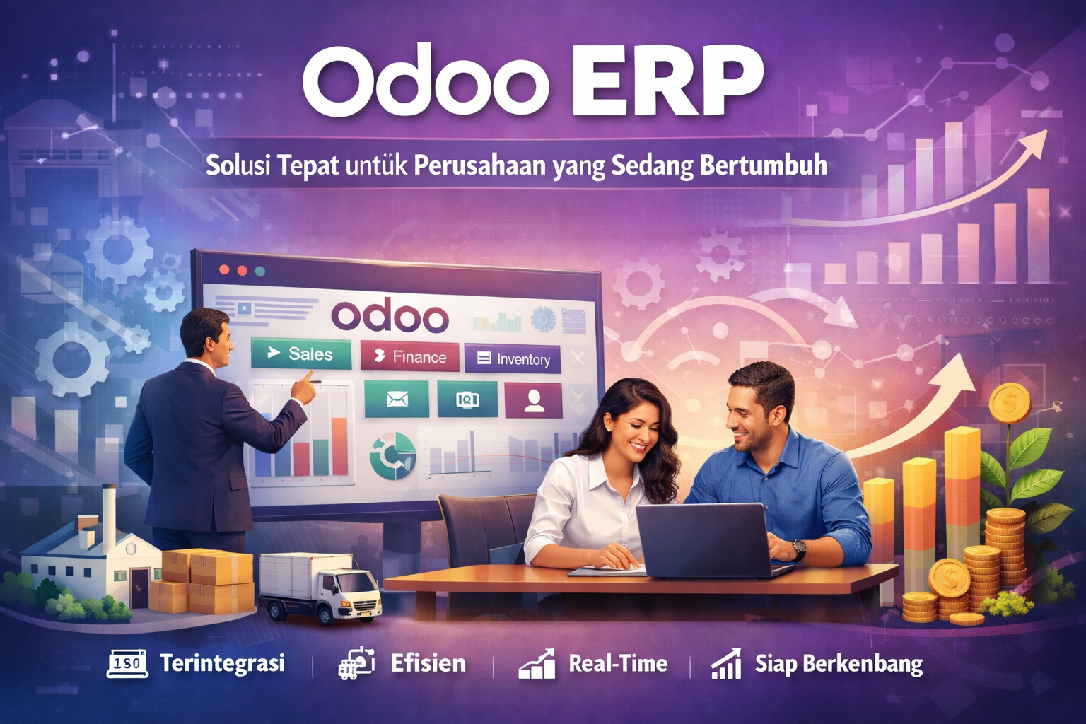 Odoo ERP sebagai solusi sistem terintegrasi untuk perusahaan yang sedang bertumbuh, menampilkan modul sales, finance, dan inventory.